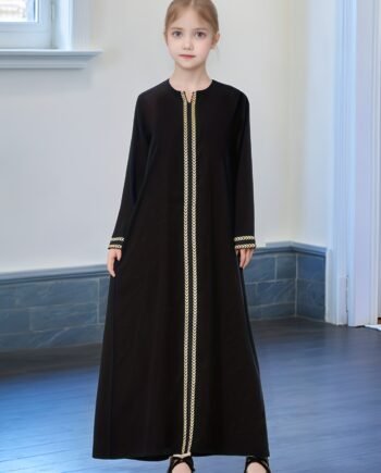 Girls' Black Muslim Abaya with Golden Embroidery - Long Sleeve Prayer Dress for Eid al-Fitr, Soft Polyester Blend, Modest & Elegant Design for All Seasons, Modest Islamic Wear | Elegant Muslim Dress | Comfortable Fit