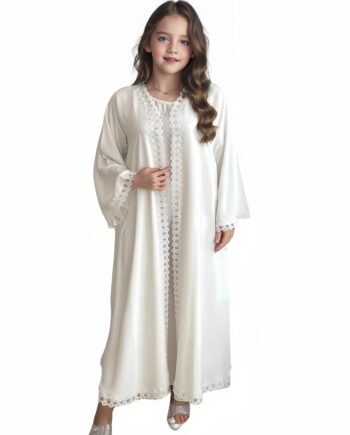 An Elegant One-Piece Outfit with Fashionable Lace Trim for Girls, Featuring Long Sleeves And Suitable for Arab Muslim Islamic Wear, Perfect for Ramadan Celebrations.