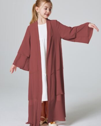 A Solid Color Long Dress Abaya with a Three-Layer Chiffon Cardigan for Muslim Girls from Turkey in Dubai.